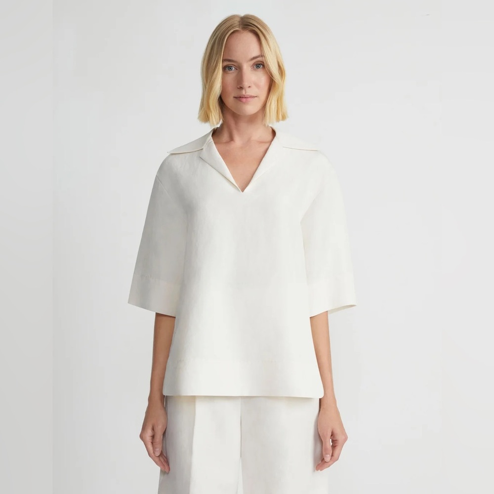 Lafayette 148 Silk-Linen Collared‎ Popover Blouse in Alabaster Size M